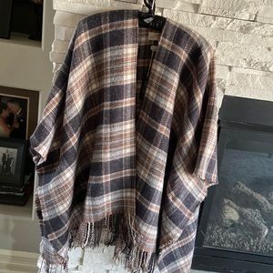 Universal Thread plaid wrap in brown/tan/cream/grays. Ruana style